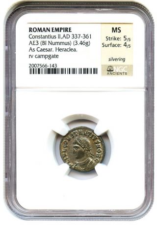 Ad 337 - 361 Ae3 Constantius Ii (bi Nummus) Ngc Ms (ancient Roman) photo