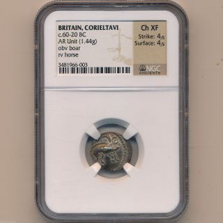 Celtic Britain Silver Corieltavi 60 - 20 Bc Ancient Coin Ngc Ch Xf 4x4 01031860b photo