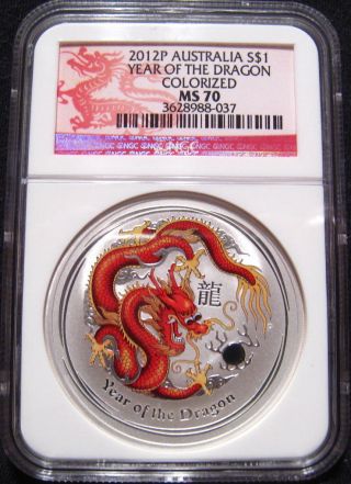 2012 - P $1 Australia Colorized Lunar Dragon Ngc Ms70 1 Oz Fine Silver photo