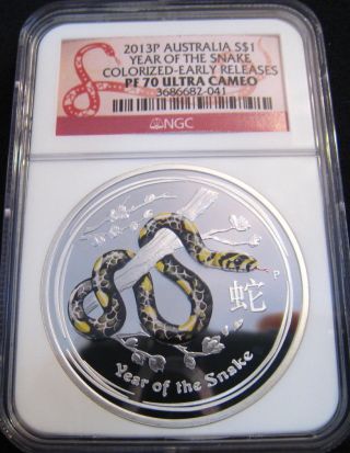 2013 - P $1 Australia Colorized Year Of The Snake Ngc Pf70 Er 1oz Fine Silver photo