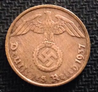 2 Reichspfennig 1937 D Rare Coin - Nazi Germany Hitler Third Reich Ww2 photo