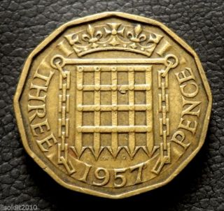 United Kingdom 1957 3 Pence Elizabeth Ii Tudor Portcullis Planchet Flaw Coin photo