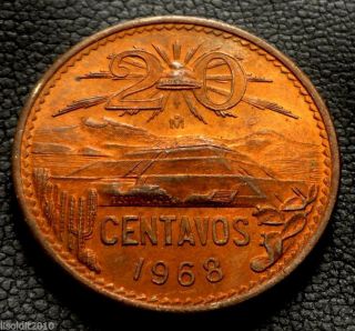 Mexico,  Gold Red Luster 1968 Mo 20 Centavos Pyramid Of The Sun At Teotihuacan. photo