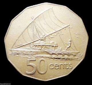 Fiji 1999 50 Cents Crowned Elizabeth Ii Sailing Canoe Takia Coin photo