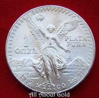 Mexico Silver Coin 1 Oz 1983 Libertad.  999 Fine Winged Victoria Eagle Snake Unc photo