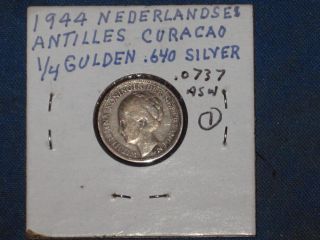 Vintage 1944 Curacao 1/4 Gulden Coin;.  64 Silver;.  0737 Asw (1) photo