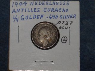 Vintage 1944 Curacao 1/4 Gulden Coin;.  64 Silver;.  0737 Asw (2) photo