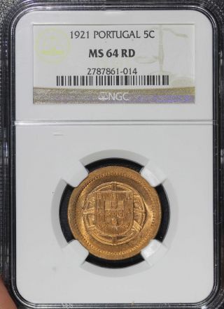 Portugal 1921 5 Centavos Graded Ngc Ms64 Red.  Luster photo