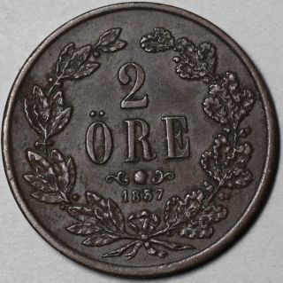 1857 Sweden Bronze 2 Ore Sharp Xf (oscar I King Of Sweden & Norway Coin) photo
