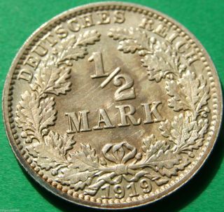 German Empire Silver Coin 1919 A 1/2 Mark photo