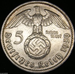 German Nazi Silver Coin 5 Rm 1939 J Big Swastika photo