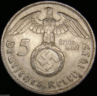 German Nazi Silver Coin 5 Rm 1937 D Big Swastika photo