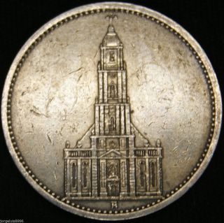 German Nazi Silver Coin 5 Rm 1935 A Garrison Church,  2 Swastikas photo