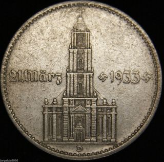 German Nazi Silver Coin 2 Rm 1934 D Garrison Church,  4 Swastikas W/d photo