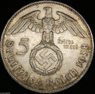 German Nazi Silver Coin 5 Rm 1938 J Big Swastika photo