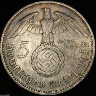 German Nazi Silver Coin 5 Rm 1937 A Big Swastika photo