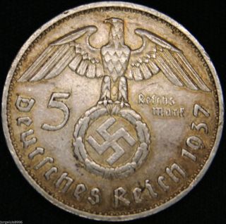 German Nazi Silver Coin 5 Rm 1937 F Big Swastika photo
