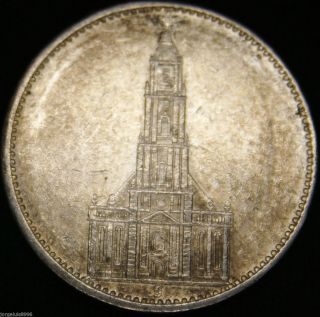 German Nazi Silver Coin 5 Rm 1934 J Garrison Church,  2 Swastikas photo