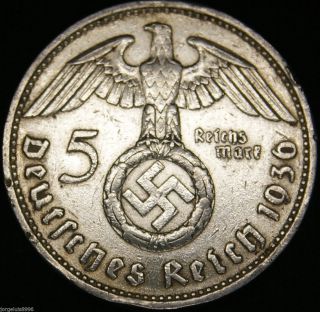 German Nazi Silver Coin 5 Rm 1936 F Big Swastika photo