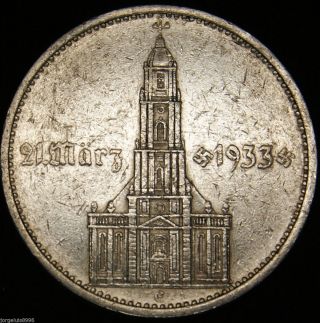German Nazi Silver Coin 5 Rm 1934 E Garrison Church,  4 Swastikas W/d photo