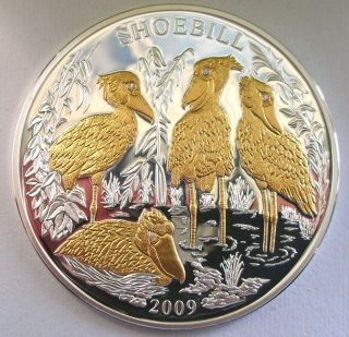 Rwanda 2009 Shoebill 1000 Francs Diamond 3oz Gild Silver Coin,  Proof photo