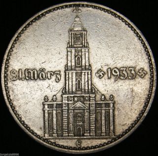 German Nazi Silver Coin 2 Rm 1934 E Garrison Church,  4 Swastikas W/d photo