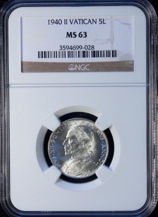 1940 Ii Vatican 5 Lire Silver Ngc Ms 63 Unc photo