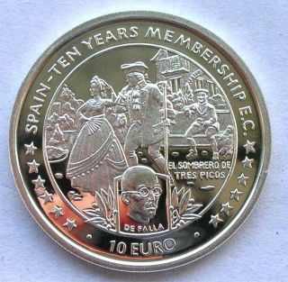 Isle Of Man 1996 Spain - 10 Years Membership 10 Euro Silver Coin,  Proof photo