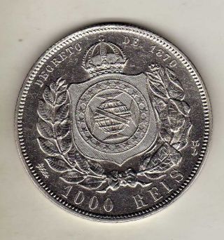 Brazil 1000 Reis 1876,  Silver Cleaned. photo