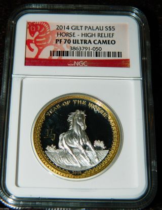 2014 Palau $5 Year Of The Horse Gilt 1oz High Relief Silver Coin Ngc Pf70 Uc photo
