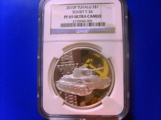 2010 P Tuvalu Silver $1 Soviet T - 34 Tank Coin Ngc Pf 69 Ultra Cameo Low Pop photo