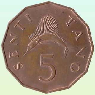 Africa Tanzania 5 Senti 1971 Sailfish Wildlife Animal Coin photo