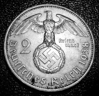 1938 Nazi Germany - 2 Reichs Silver Mark With Swastika photo