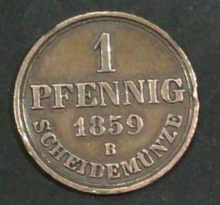 Germany States Hannover 1 Pfennig 1859 B Fine Plus Copper Coin photo