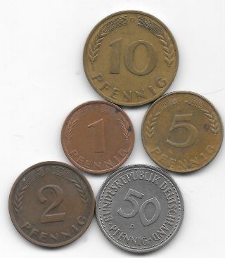 One,  Two,  Five,  Ten & Fifty Pfennigs From Germany All 1950 - D Minted In Munich photo