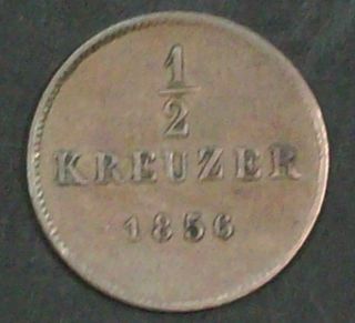 German Wurttemberg 1/2 Kreuzer 1856 Very Fine Copper Coin photo