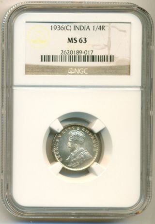 India Silver 1936 (c) 1/4 Rupee Ms63 Ngc photo