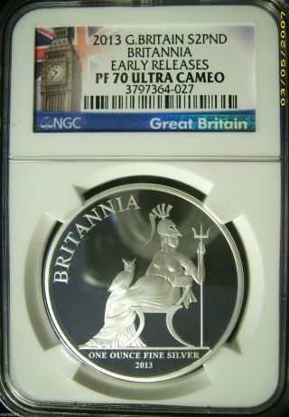 2013 Great Britain S2pnd £2 1 Oz.  Silver Britannia Proof - Ngc Pf70ucam Er photo