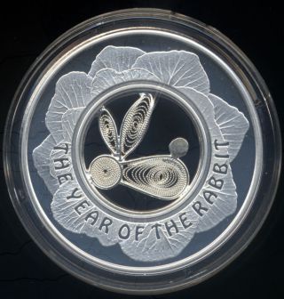 Fiji 2011 $1 Lunar Year Of The Rabbit Cabbage Filigree Silver Proof Coin Box photo