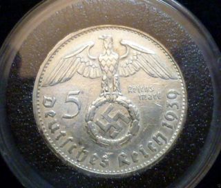 Extremely Rare 1939 German 5 Mark Silver Coin With Swastika And C.  O.  A. photo