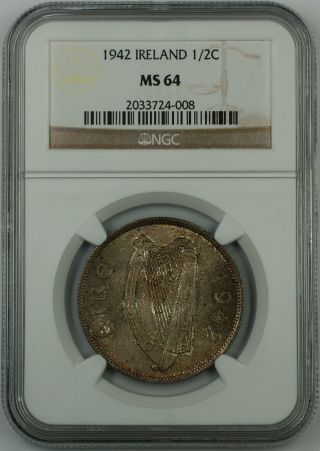 1942 Ireland 1/2c Half Crown Silver Coin,  Ngc Ms - 64,  Toned photo