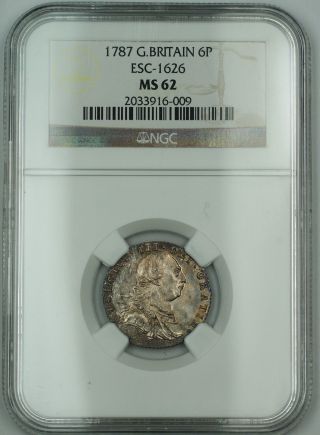 1787 Great Britain 6p Six Pence Silver Coin Esc - 1626 George Iii Ngc Ms - 62 Akr photo