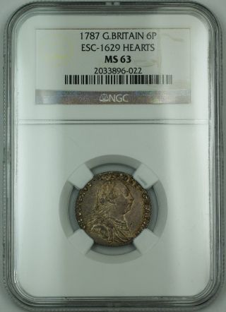1787 Britain 6p Six Pence Silver Coin Esc - 1629 Hearts George Iii Ngc Ms - 63 Akr photo