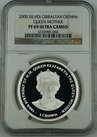2000 Gibraltar Silver Crown Proof Coin,  Ngc Pf - 69 Uc,  Elizabeth,  Queen Mother photo