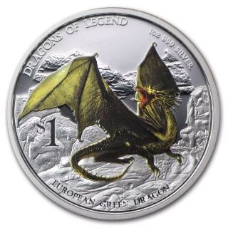 Tuvalu 1$ European Green Dragon 2013 Dragons Of Legend Proof Silver Coin Pf69uc photo
