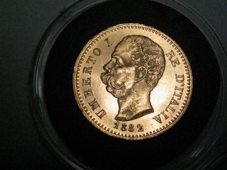 Unc.  1882 Gold 20 Lire.  Italy.  Umberto I.  Agw.  1867 Troy Oz.  Gold.  85 photo