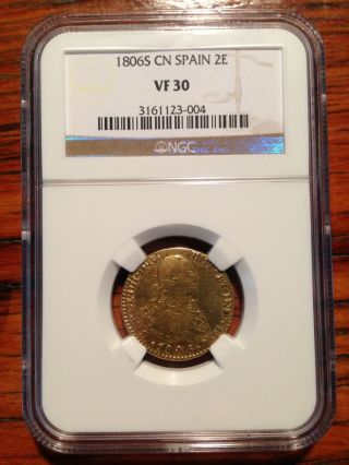 1806 Spain 2 Escudos Gold Graded Ngc Vf30 photo
