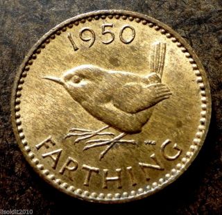 Old United Kingdom Gb 1950 1 Farthing George Vi Wren (bird) Coin photo