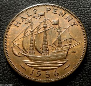 United Kingdom,  Gb.  1956 ½ Penny Elizabeth Ii Ship 