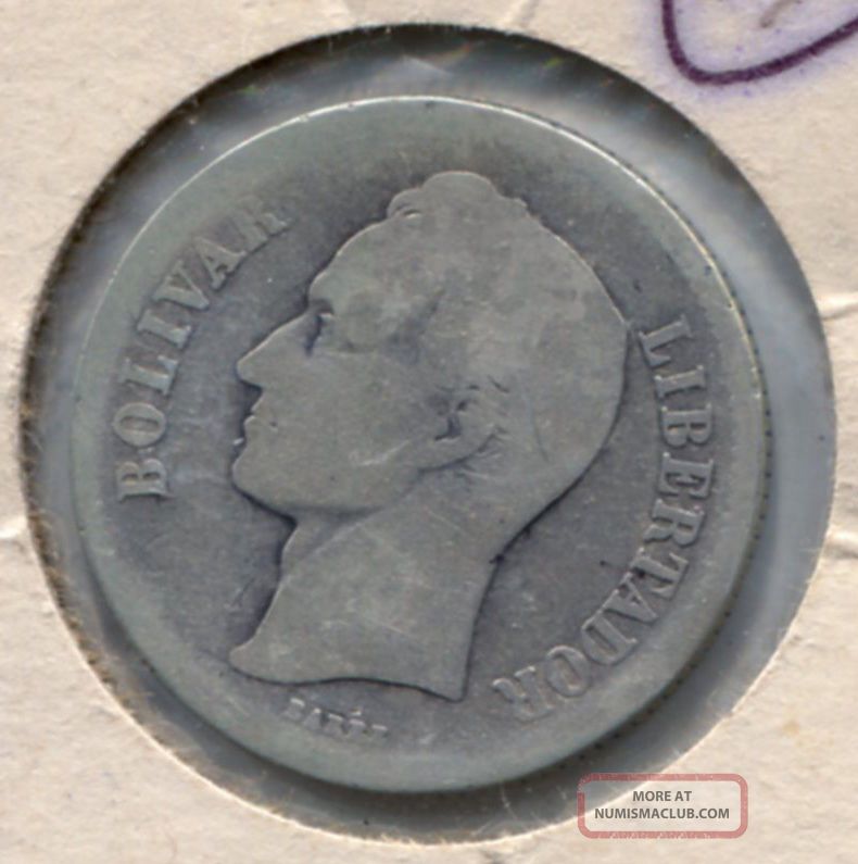 1922 Venezuela 2 Bolivares Silver Coin South America photo